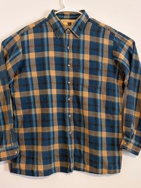 Outback Rider Casual Button Down Mens Large Navy Yellow Plaid Flannel Shirt